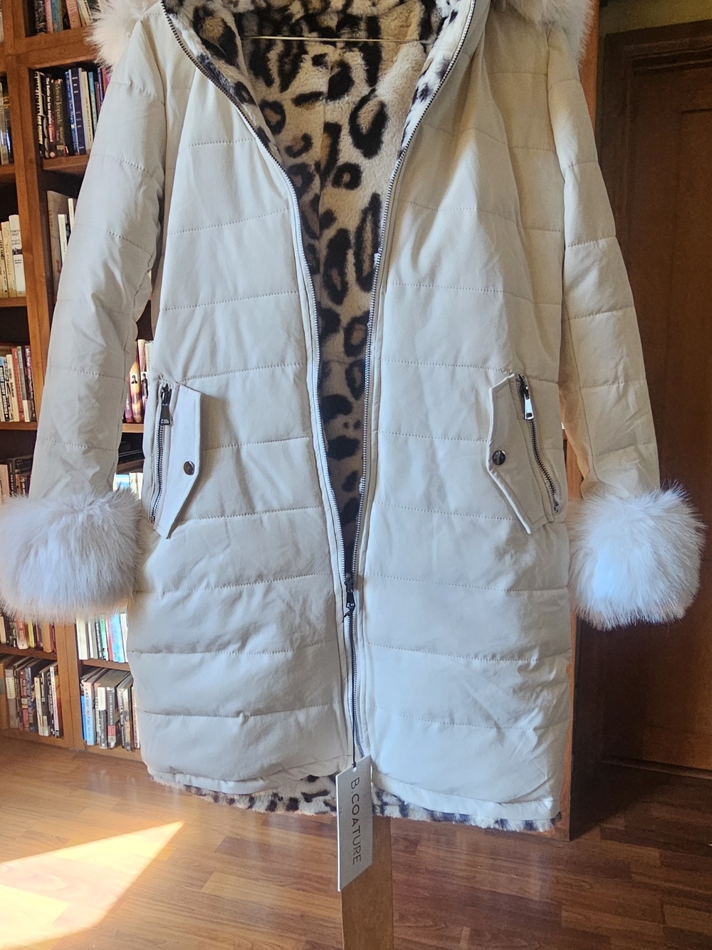 Cream Faux-Fur Trim Puffer Coat with Leopard-Print Lining